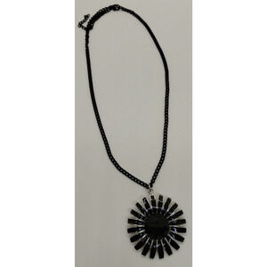 Silver Black Daisy Necklace - Gemstone- Enamel Petals - 11" Clasped w/ Pendant
